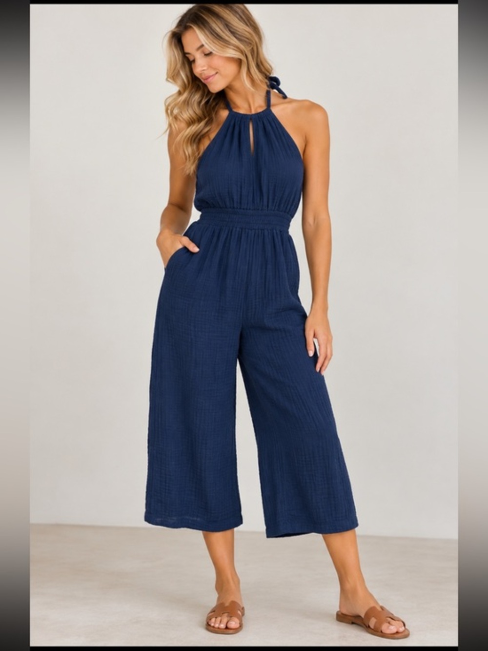 NY & Company Navy Blue Cotton Gauze Halter Cropped Jumpsuit Size Small